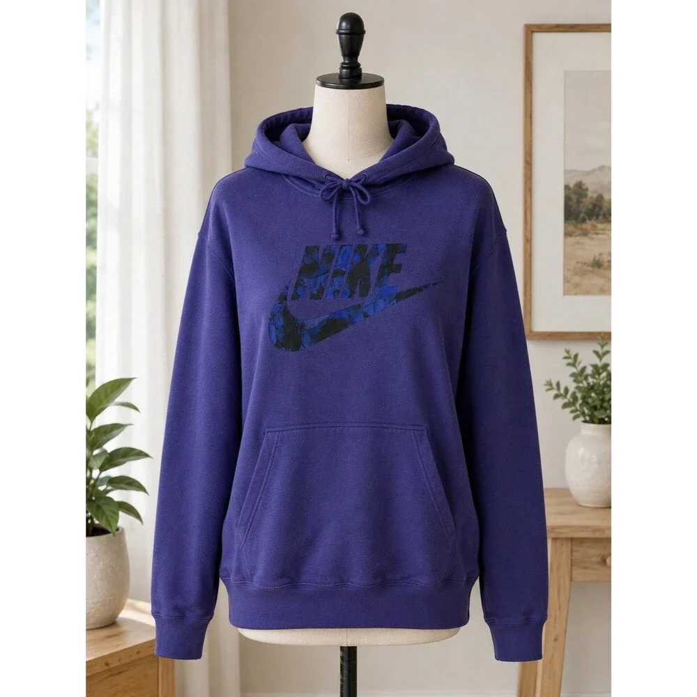 Nike Women’s Purple Fleece Pullover Hoodie Camo Logo Kangaroo Pocket Large